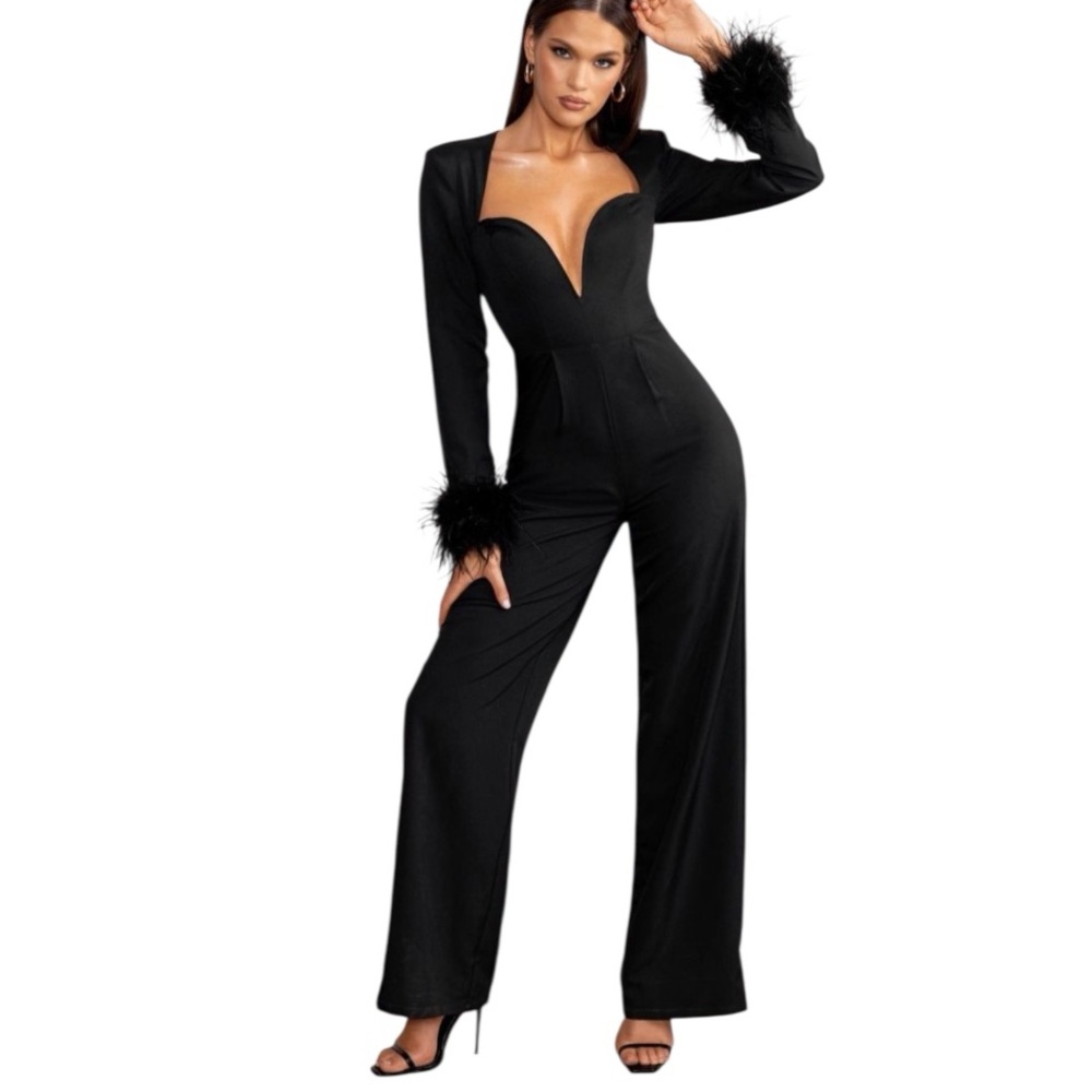 Club L London Portia black sweetheart plunge wide leg feather cuff jumpsuit US 4 - Picture 1 of 11